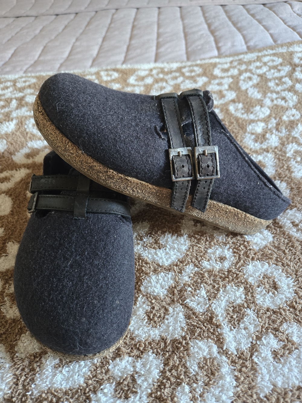 Size 37 Haflinger Black Felt Slip-On Clogs with Double Buckle